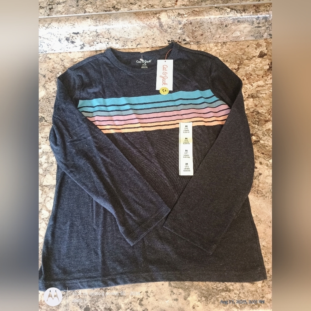 Cat & Jack Navy Long Sleeve Shirt with Rainbow Stripes.Boys.nwt